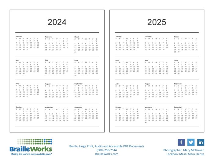 2023 back cover with 2024 and 2025 calendars with braille works info at the bottom