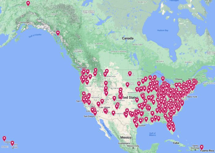 Map of North America with location markers for every city where a Santa Reads Braille letter went