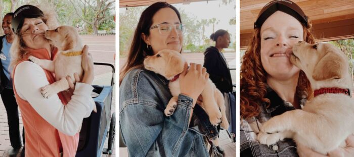 Collage of three different women holding the puppies and getting snuggles and kisses