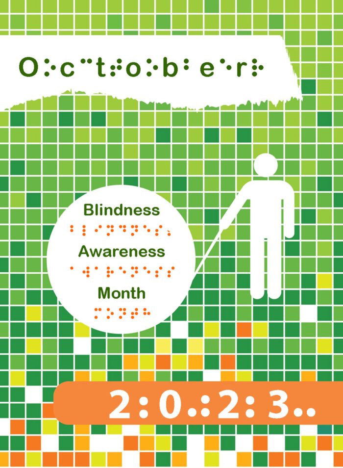 Graphical image with the words "Blindness Awareness Month - October 2024" displayed in print and braille.