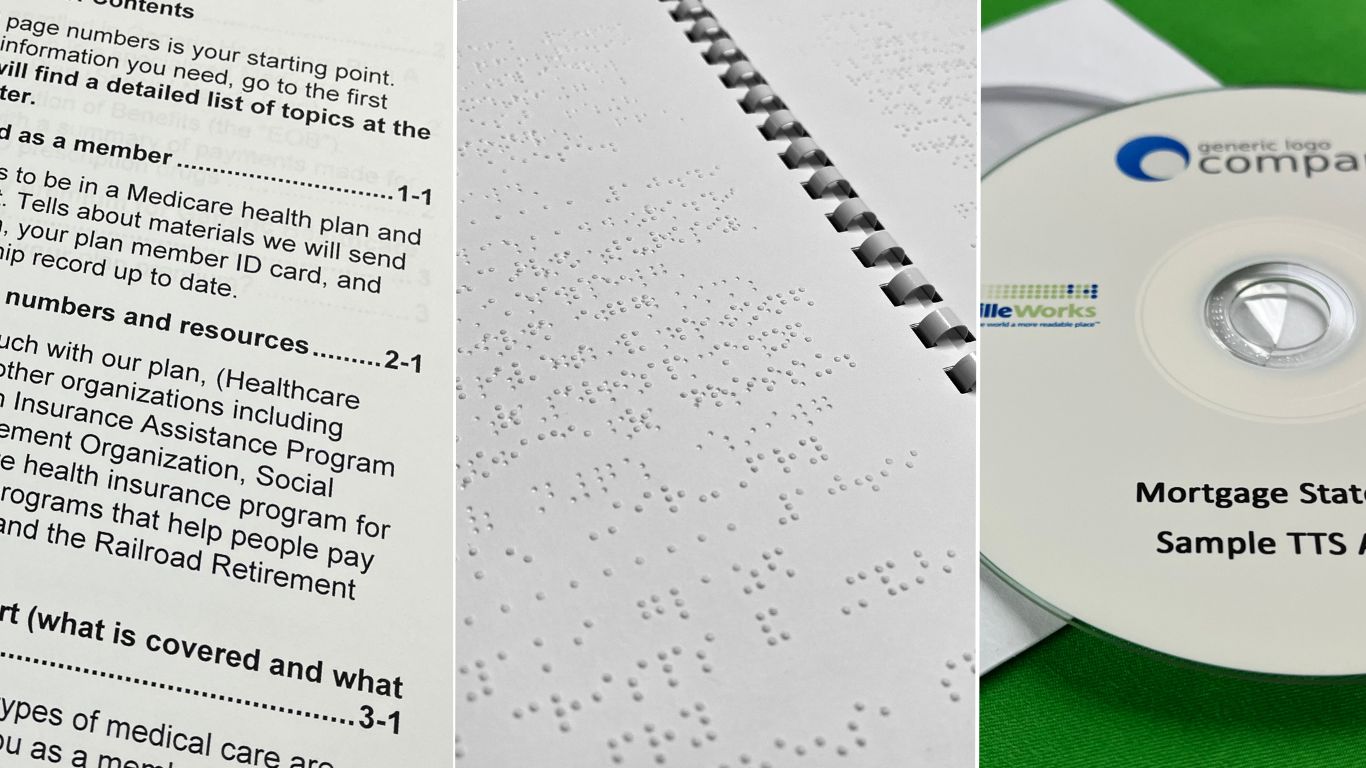 Close ups of large print, braille, and audio CD