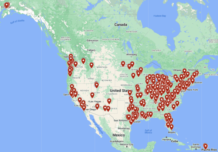 Map of the United States with markers noting where Santa delivered his braille letters during the 2024 Christmas season